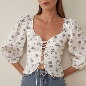 NWT Reformation Barrett lace-up floral print linen top, size 4
